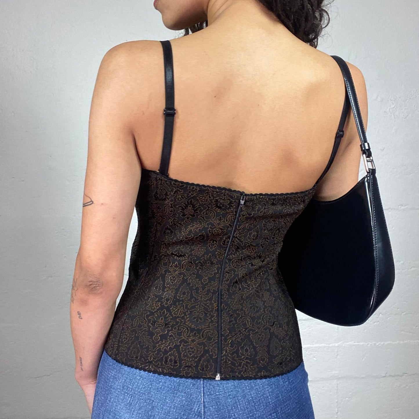 Vintage 2000's Classy Brown Baroque Satin Printed Corset Top (M)