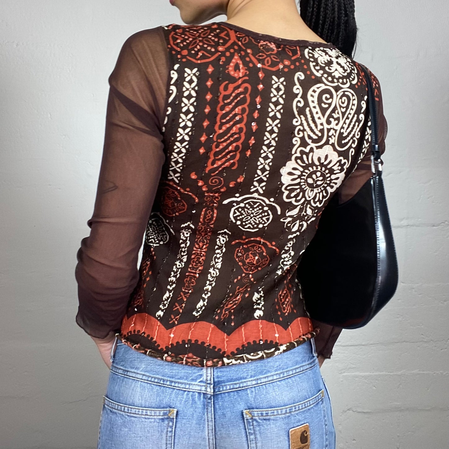 Vintage 2000's Boho Brown V-Chest Cut 3/4 Mesh Sleeve Top with Boho White Print (S)
