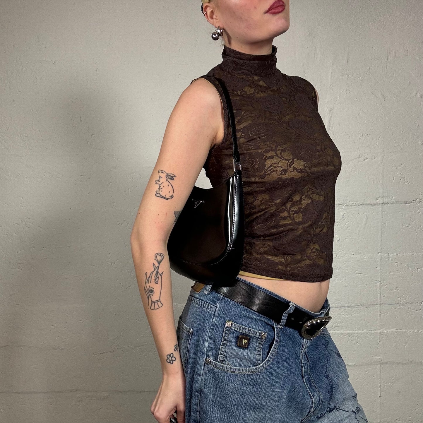 Vintage 2000's Indie Girl Brown Turtleneck Top with Floral Lacing (S)