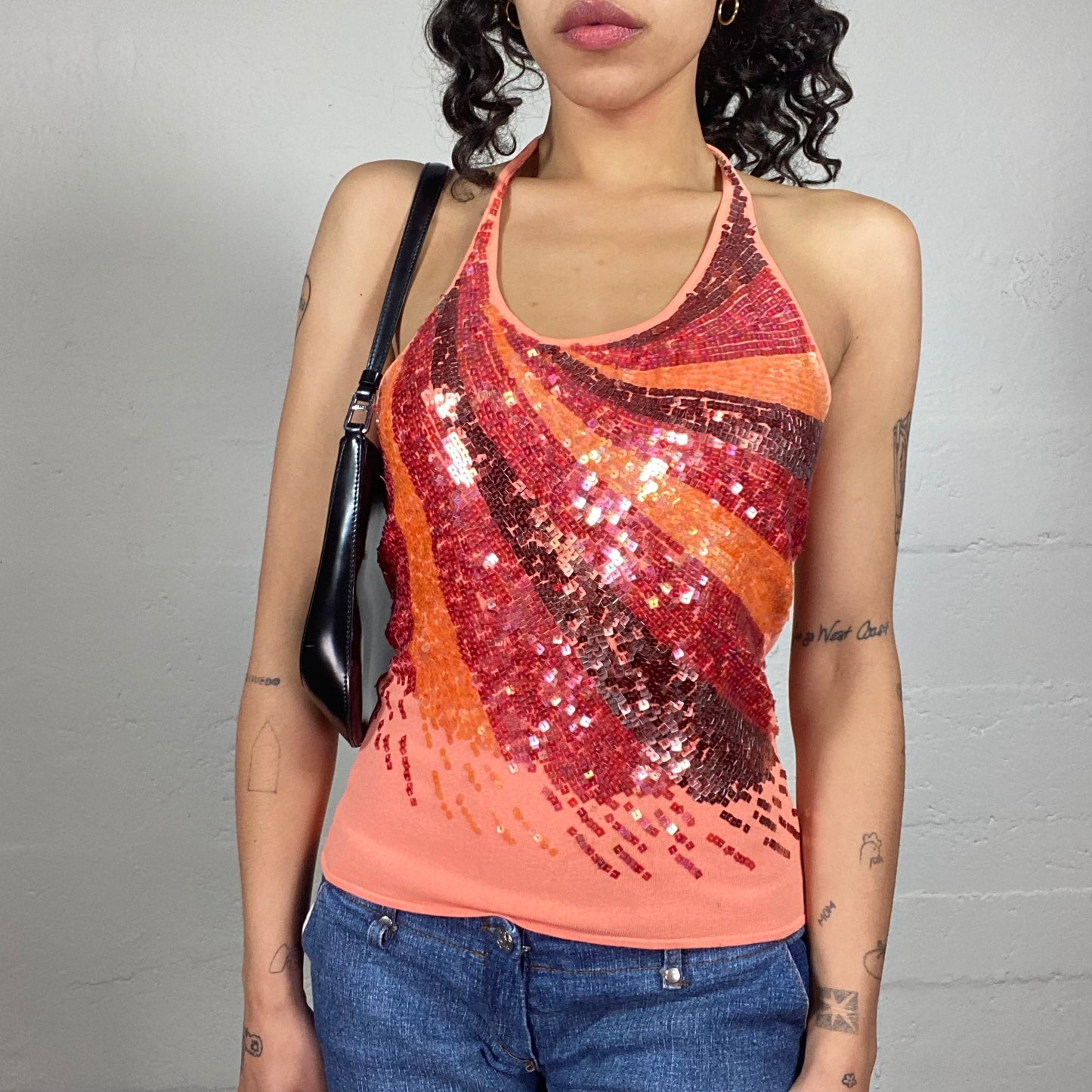 Vintage 2000's Clubwear Coral Neckholder Top with Sequins Multicoloured Embroidery (M)