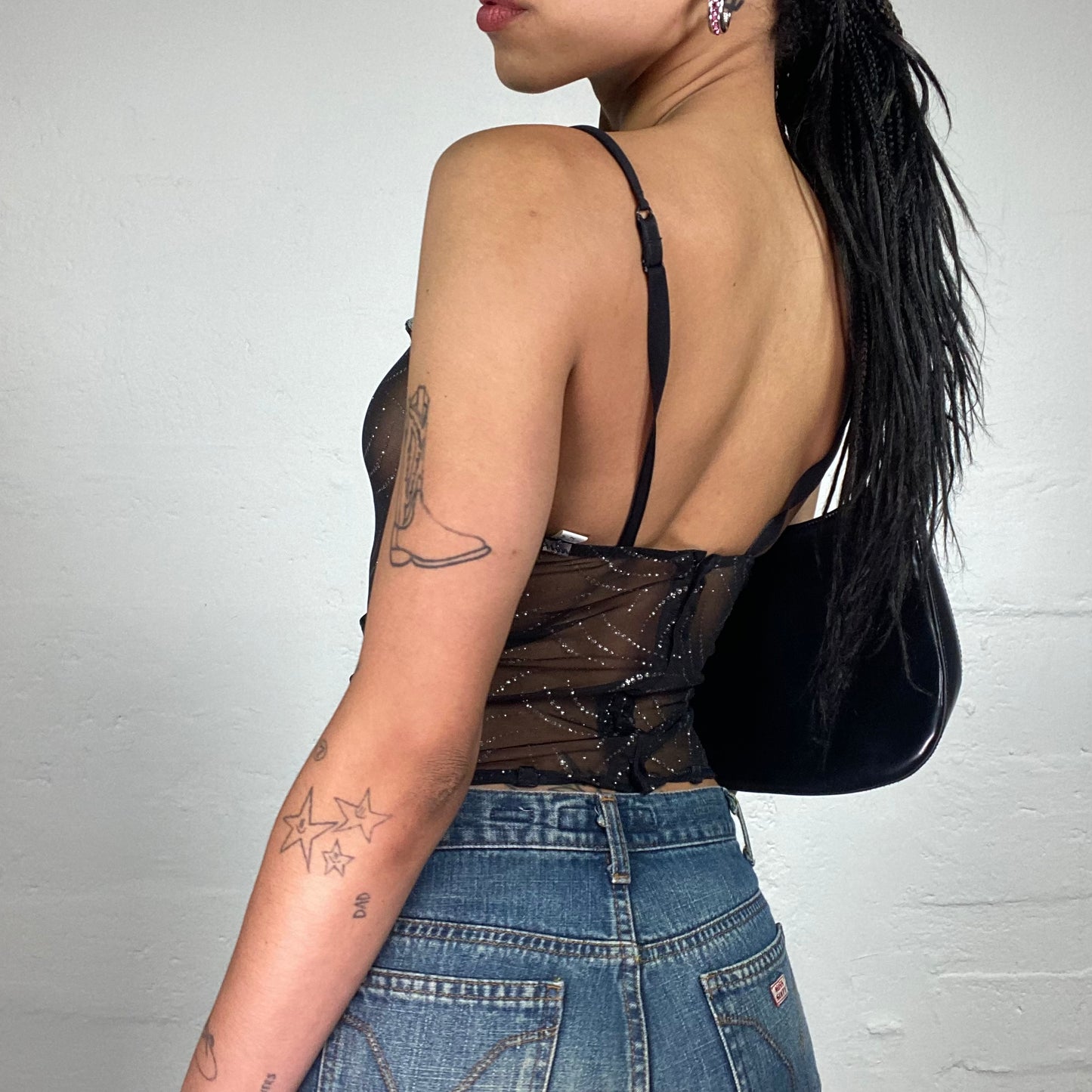Vintage 2000's Night Out Mesh See Through Black Cami Top with Silver Shiny Print and Ruffled Trim (S)