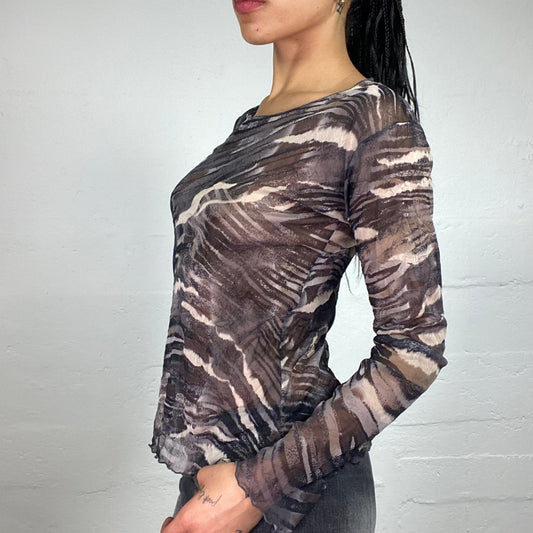 Vintage 2000's Downtown Girl Cold Brown and Beige Abstract Printed Longsleeve Mesh Top (L)