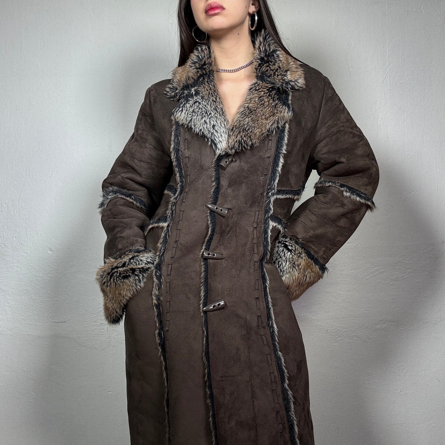 Vintage 90’s Brown Archive Faux Fur Trim Coat (M)