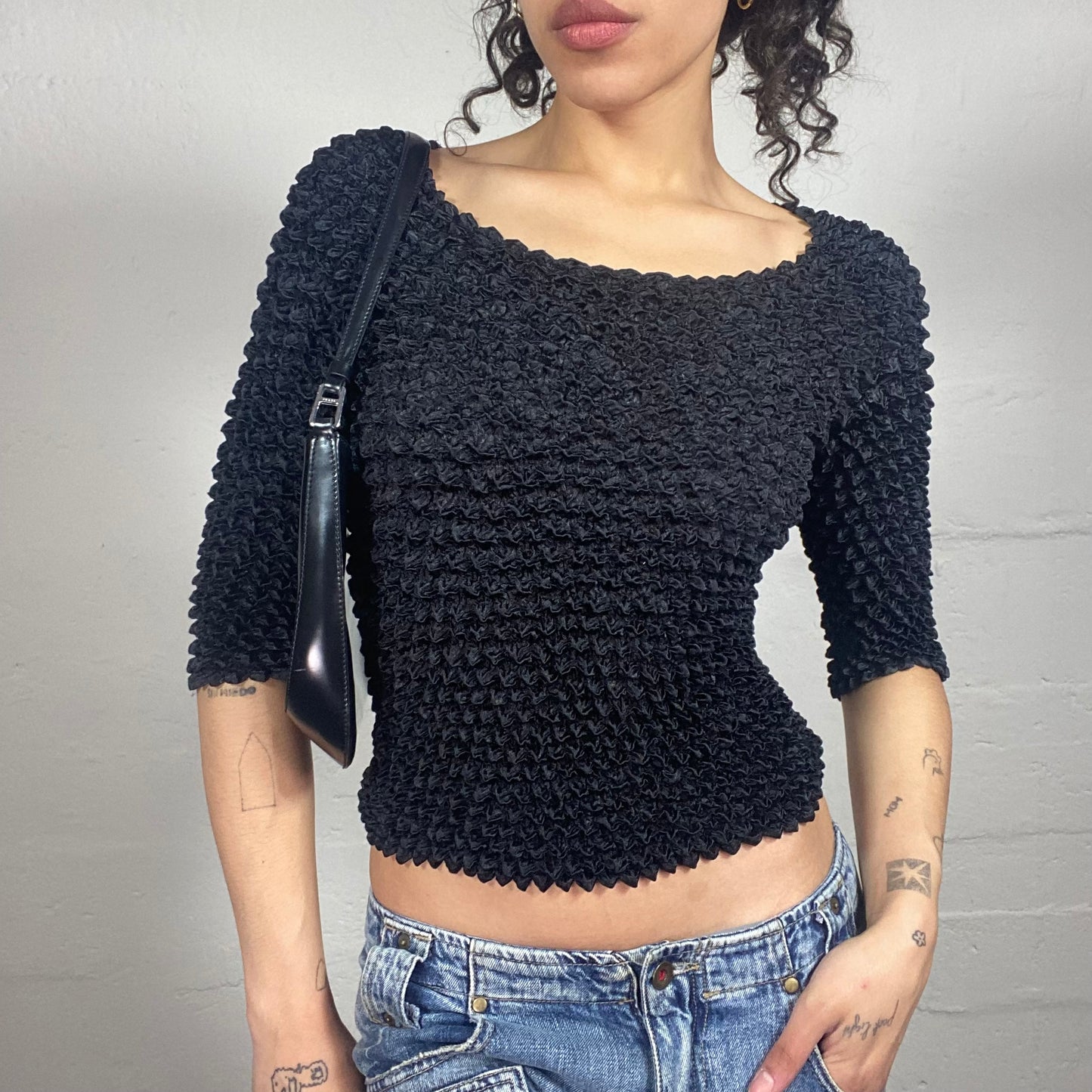 Vintage 2000's Downtown Girl Black Satin 2/4 Sleeve 3D Textured Top (S/M)