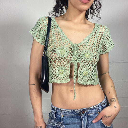 Vintage 2000's Boho Green Crochet Bolero Cropped Top (S)