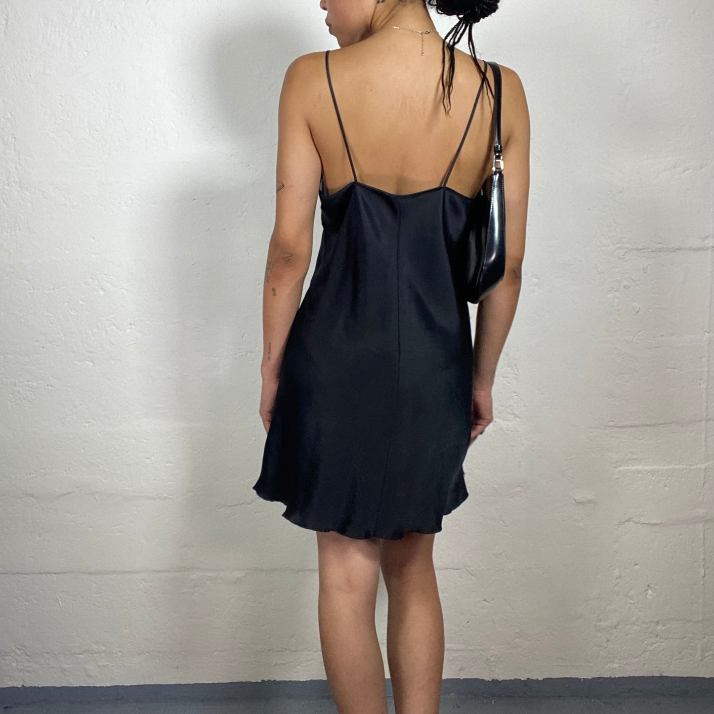 Vintage 2000's Romantic Black Satin Mini Camisole Dress with Beige Lace Floral Bra Embroidery (M)