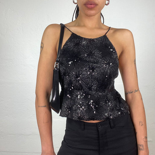 Vintage 2000’s Clubwear Black Chiffon Doll Fit Crop Top with Silver Shiny Print and Open Back (M)
