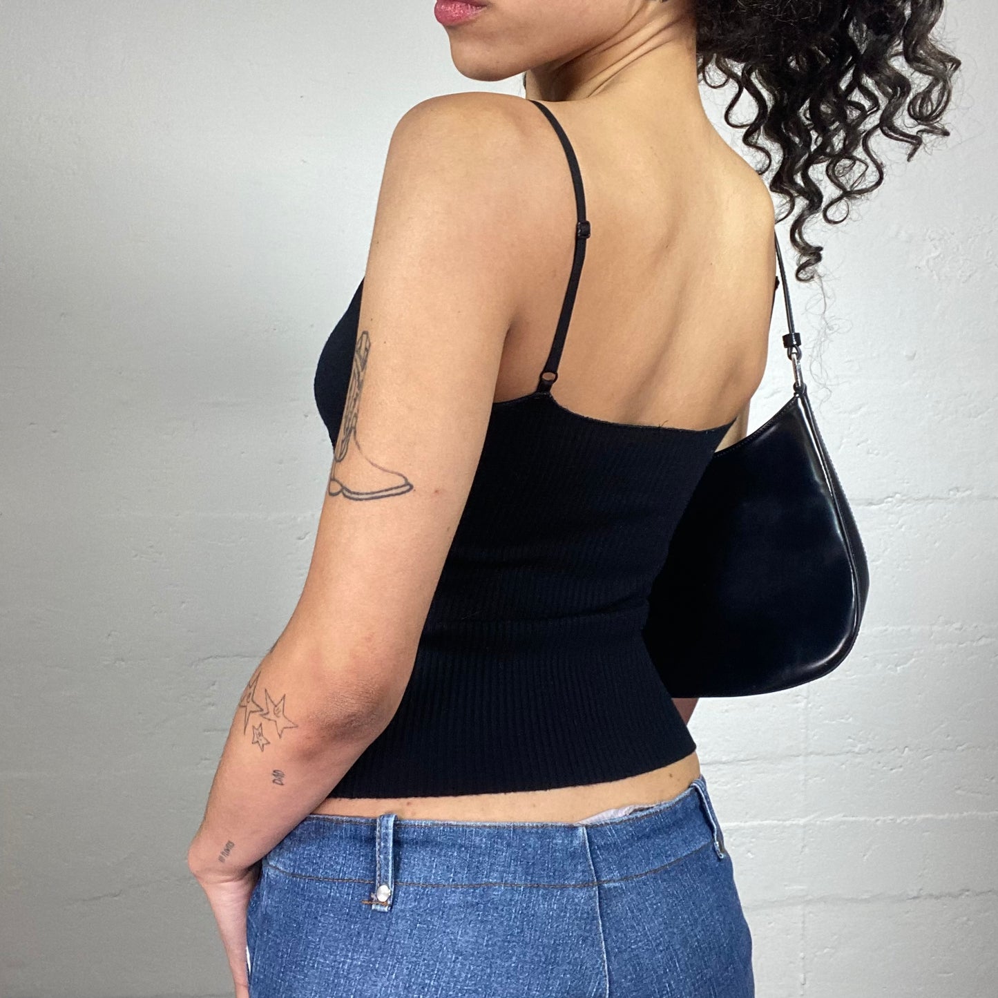 Vintage 2000's Summer Black Jersey Cami Top with Silky Ribbon Detail (S)