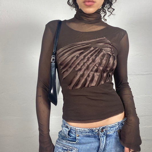 Vintage 2000's Glam Brown Mesh Turtle Neck Longsleeve Top with Satin Embroidery (S)