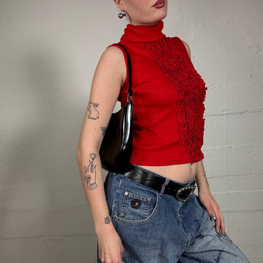 Vintage 2000's Model off Duty Red Turtleneck Top with Frilled Front (S)