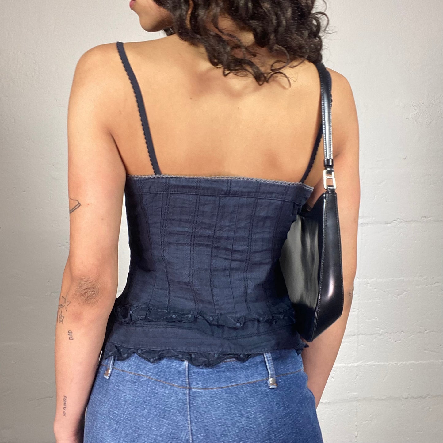 Vintage 2000's Calvin Klein Sunday Date Navy Blue Corset Style Cami Top with Ruffled Details and Front Lace Up (S)