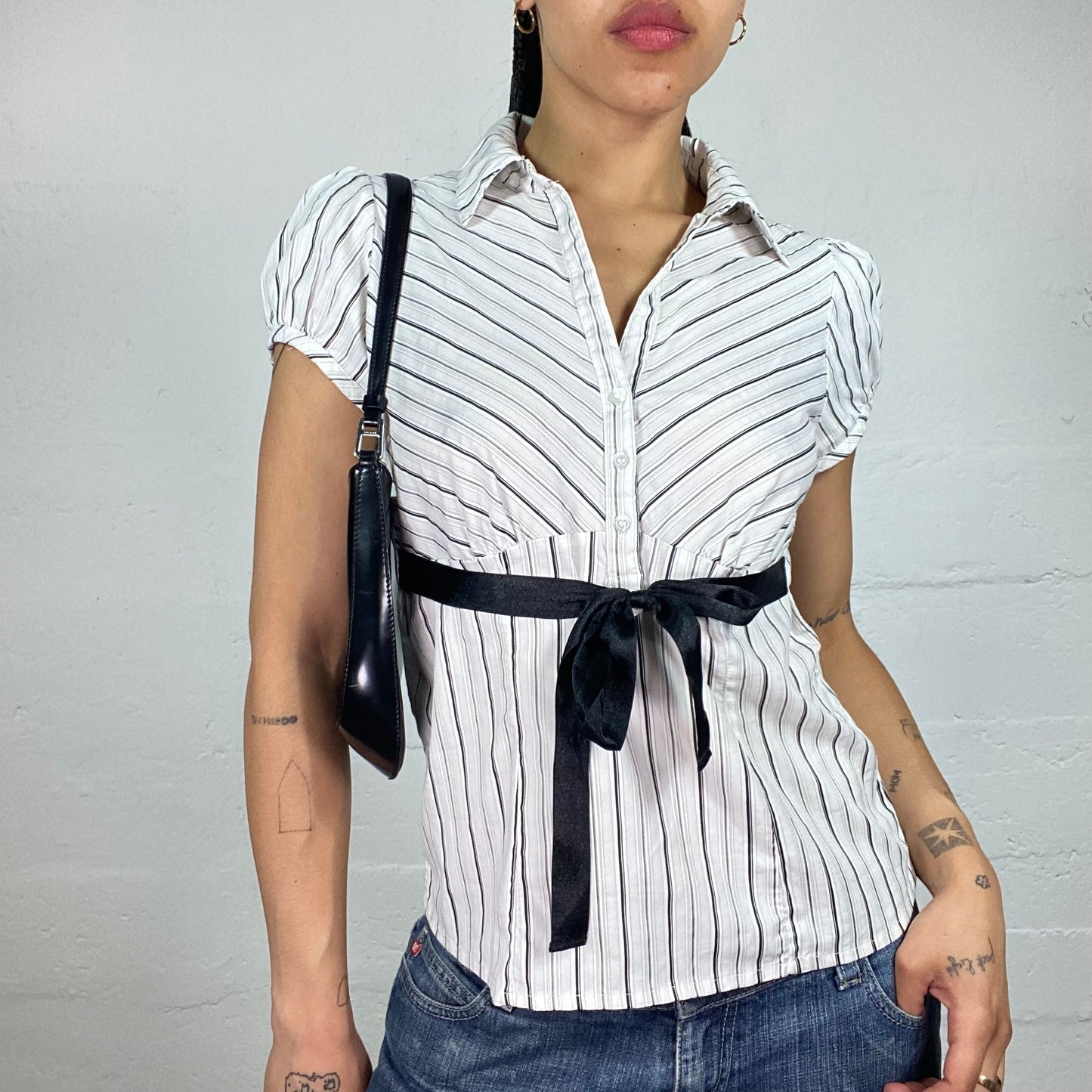 Vintage 2000's Office Girl White Striped Doll Fit Button Up Shirt with Black Binding Waist Band (M)