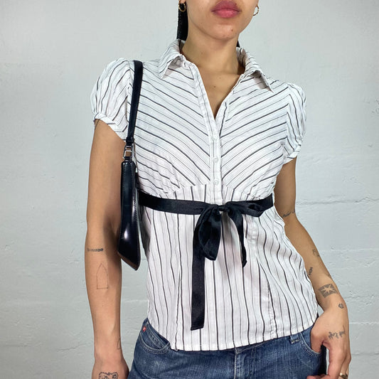 Vintage 2000's Office Girl White Striped Doll Fit Button Up Shirt with Black Binding Waist Band (M)