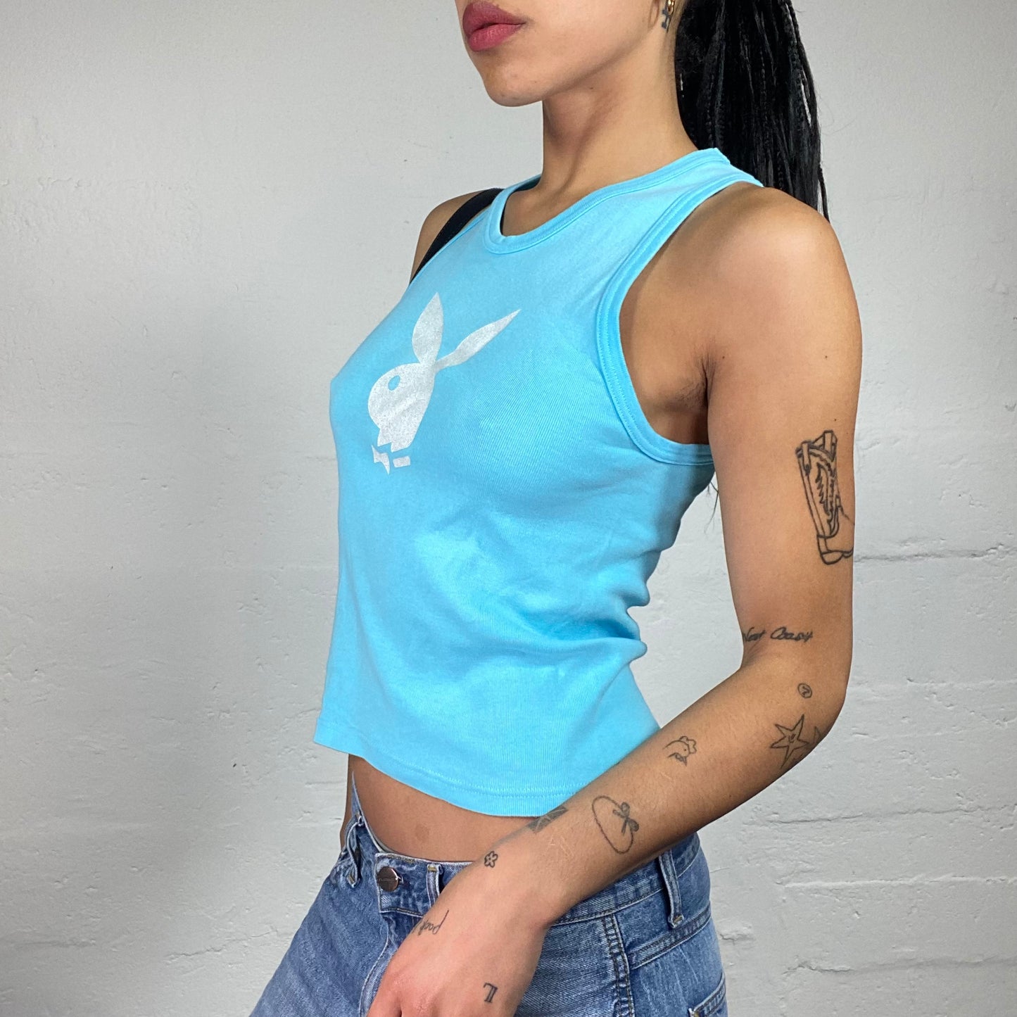 Vintage 2000's Playboy Aquamarine Blue Tank Top with White Logo Print (S)
