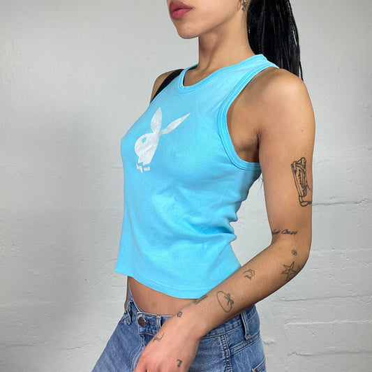 Vintage 2000's Playboy Aquamarine Blue Tank Top with White Logo Print (S)