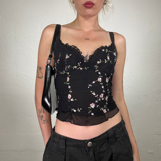 Vintage 2000's Romantic Summer Black Cami Top with Pink Floral Embroidery and Ruffled Mesh Trim (S)