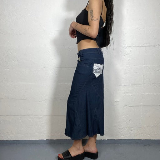 Vintage 90’s Soft Girl Blue Denim Maxi Skirt with White Lace Detail (42)