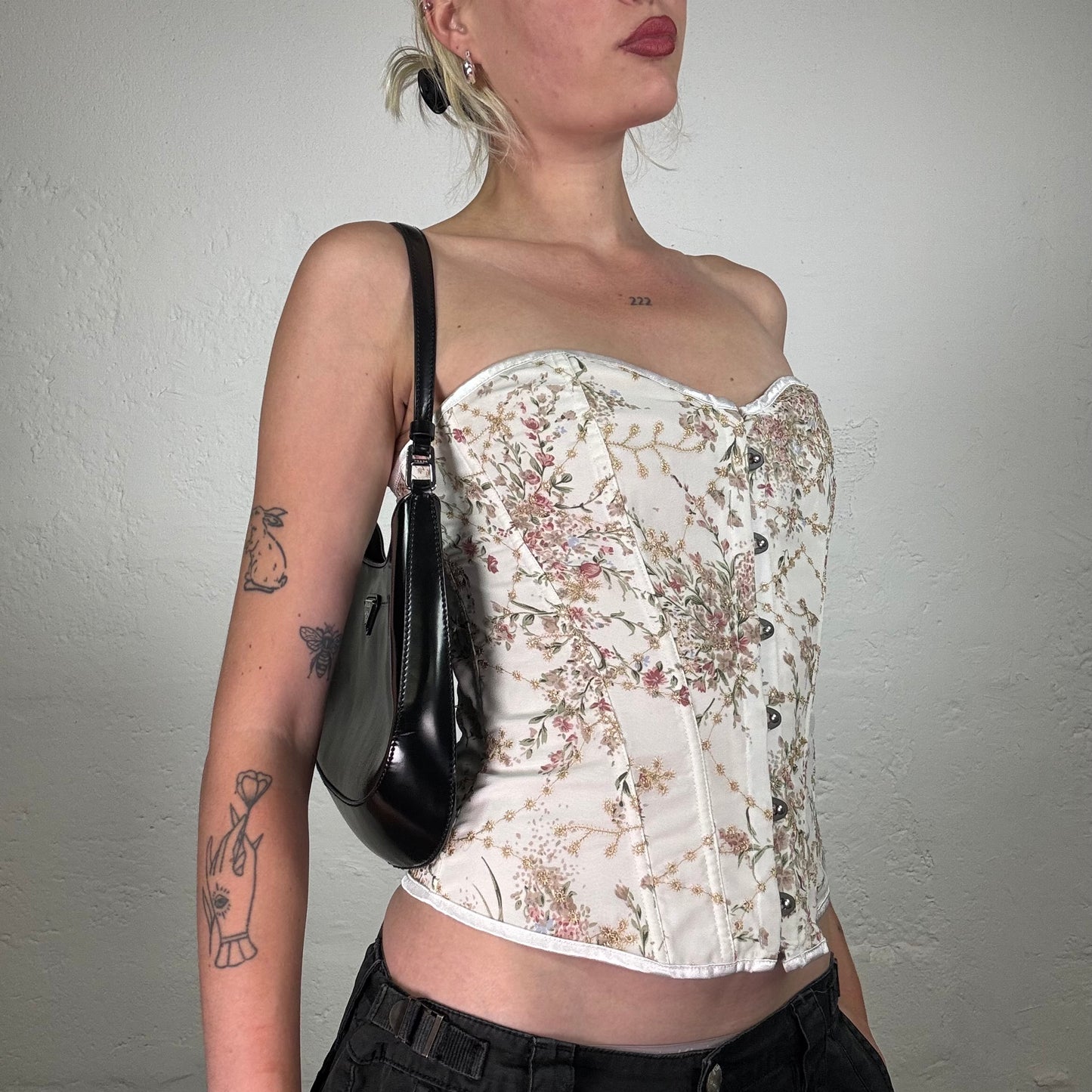 Vintage 2000's Soft Girl Ivory Bustier Corset Top with Tender Peachy Floral Print (S)