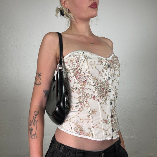 Vintage 2000's Soft Girl Ivory Bustier Corset Top with Tender Peachy Floral Print (S)