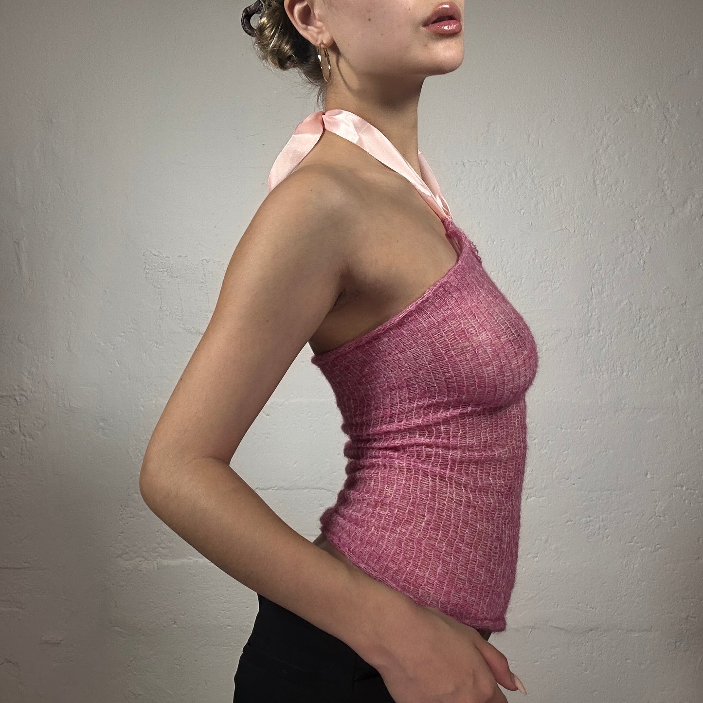 Handcrafted Original Coquette Pink Crochet Tube/Neckholder Top with Silky Baby Pink Stripe Detail (S)