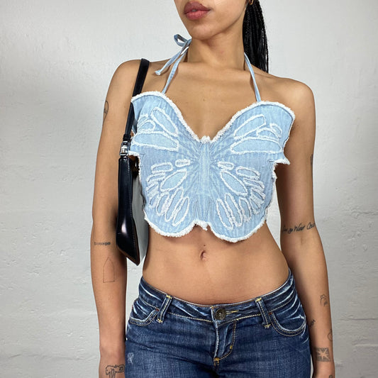 Vintage 2000's Downtown Girl Baby Blue Denim Butterfly Shaped Neckholder Top with Open Back (S/M)