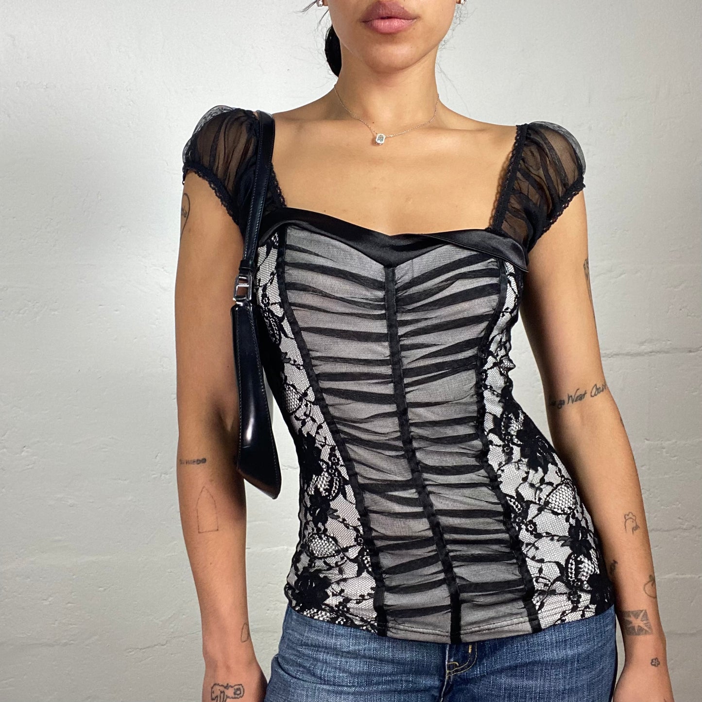 Vintage 2000's Dark Coquette Black and Grey Doll Cut Sleeves Mesh Decorated Top with Floral Lace Details (S/M)