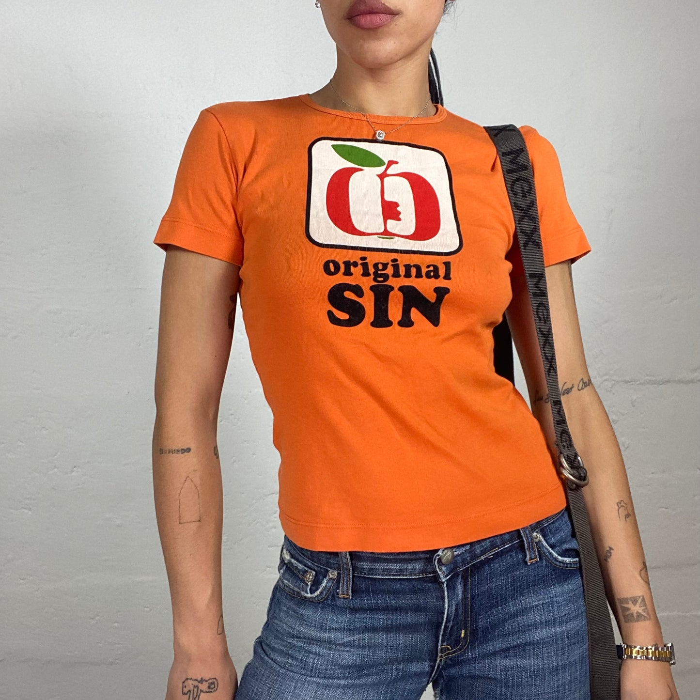 Vintage 2000's Summer Girl Orange Baby Tee with Apple Logo and Original Sin Print (S)