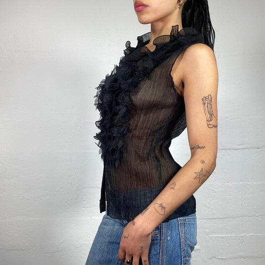 Vintage 2000's Romantic See Through Pleated black Button Up Sleeveless Shirt with Ruffled Embroidery (S)