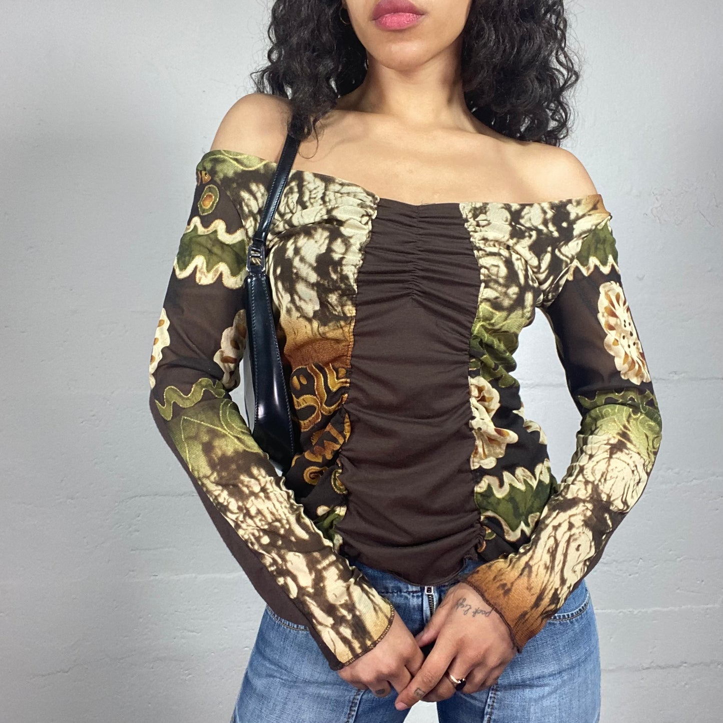 Vintage 2000's Boho Girl Brown and Green Off Shoulder Longsleeved Top with Tie Dye Abstract Print (L)
