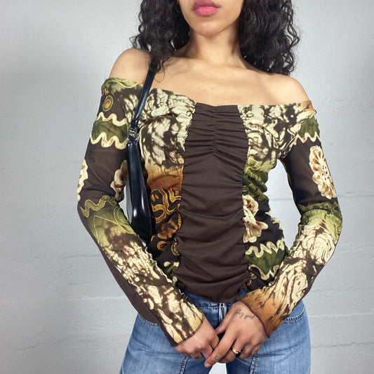 Vintage 2000's Boho Girl Brown and Green Off Shoulder Longsleeved Top with Tie Dye Abstract Print (L)