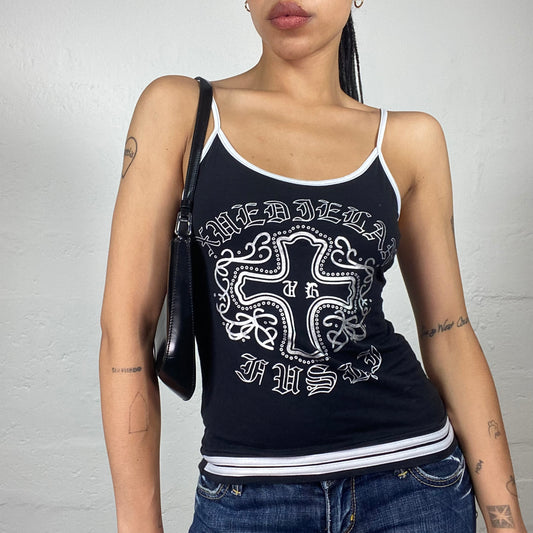 Vintage 2000's Skater Girl Navy Blue Cami Top with Silvery White Abstract Print and White Trim (M/L)