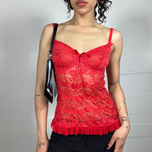 Vintage 2000's Femme Fatale Red Lace Lingerie Style Cami Top with Open Back (S)