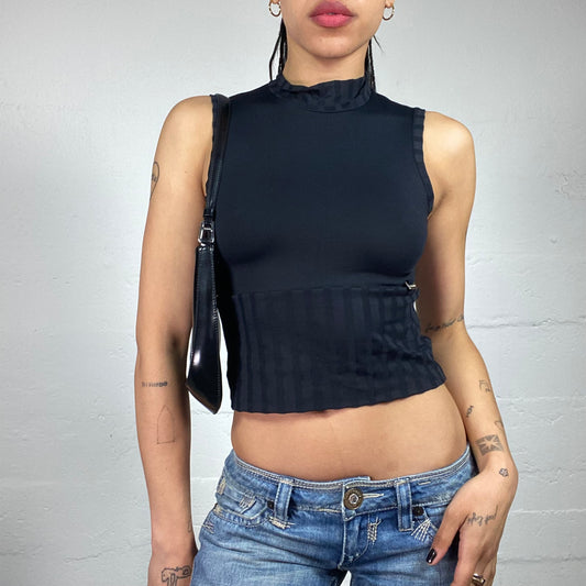 Vintage 2000's Morgan Downtown Girl Black Jersey Turtleneck Striped Texture Tank Top (S)