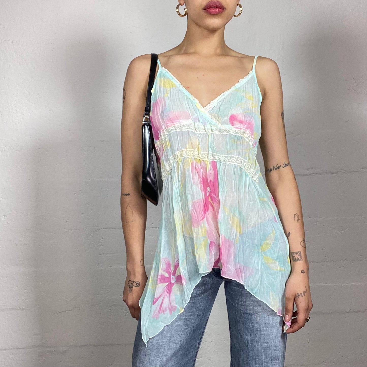 Vintage 2000's Romantic Soft Girl Baby Blue Asymmetric Cami Top with Pink Floral Accents (XL/XXL)