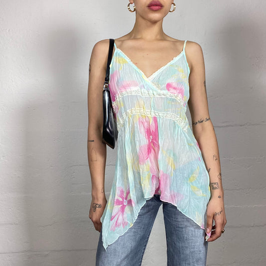 Vintage 2000's Romantic Soft Girl Baby Blue Asymmetric Cami Top with Pink Floral Accents (XL/XXL)