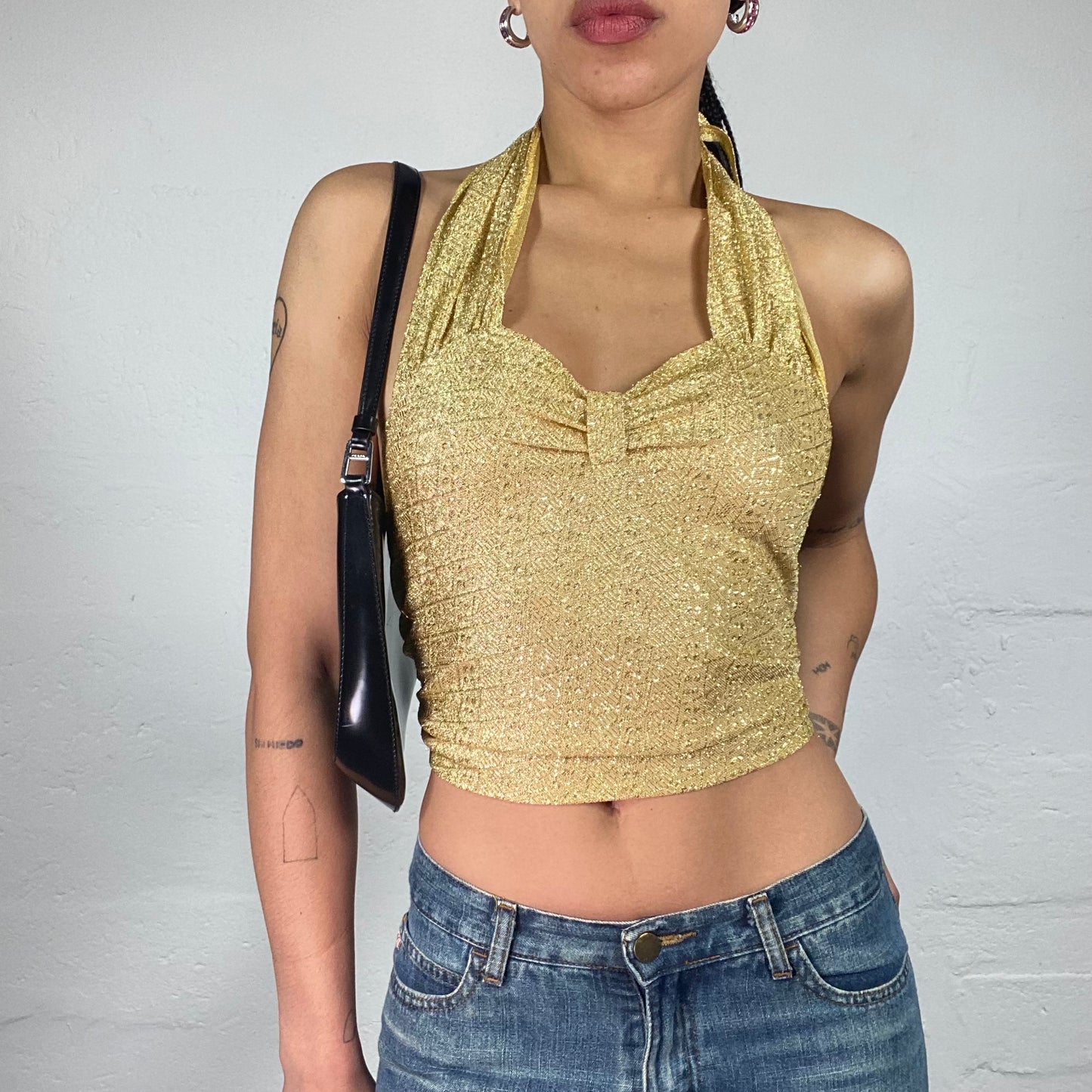 Vintage 2000's Clubwear Gold Glitter Cropped Neckholder Top with Back Bindings (M)