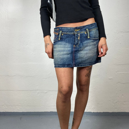 Vintage 2000's Downtown Girl Blue Denim Mini Skirt with Beige Seaming (M)