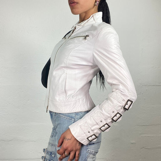 Vintage 2000’s Biker Girl White Leather Zip Up Jacket with Belt Sleeve Details (M)