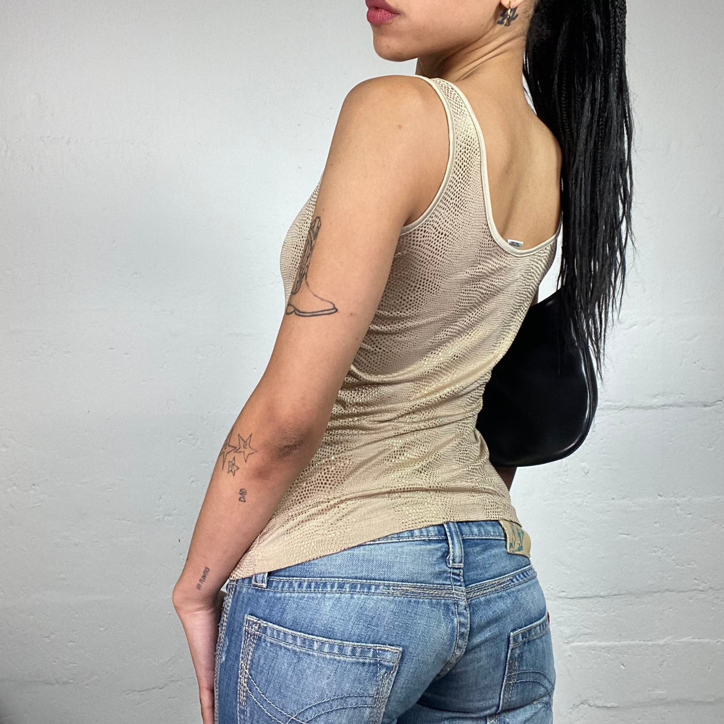 Vintage 2000's Cowgirl Beige Tank Top with Metal Dots Embroidery (S)