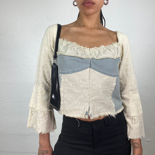 Vintage 2000’s Soft Girl Ivory Linen Floral Textire Shirt with Light Denim Details (M)