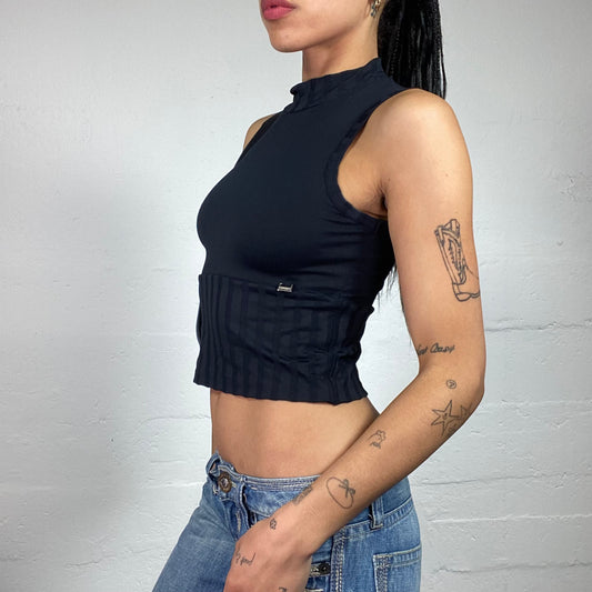 Vintage 2000's Morgan Downtown Girl Black Jersey Turtleneck Striped Texture Tank Top (S)