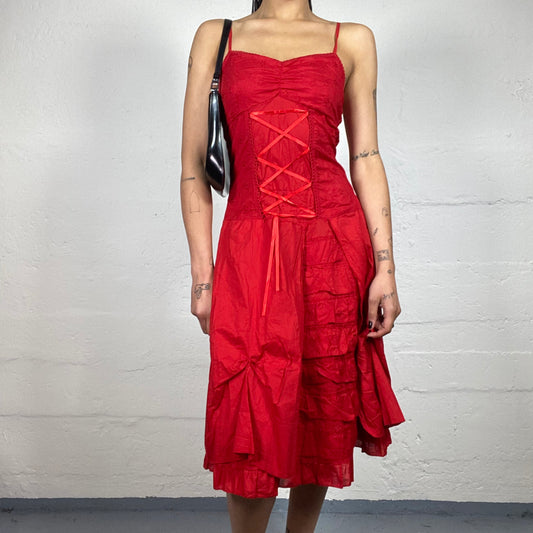 Vintage 2000's Vamp Girl Corset Style Top Red Cami Midi Dress with Layered Skirt (XXL)