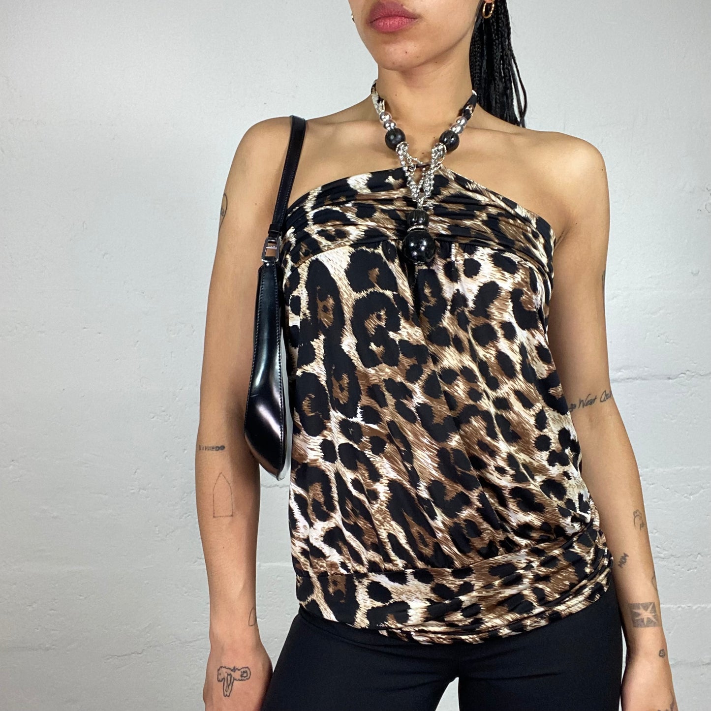 Vintage 2000's Morgan Glamorous Cheetah Girl Leo Printed Tube Cut Draped Top with Jewelry Decorated Neckholder (S)