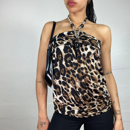 Vintage 2000's Morgan Glamorous Cheetah Girl Leo Printed Tube Cut Draped Top with Jewelry Decorated Neckholder (S)