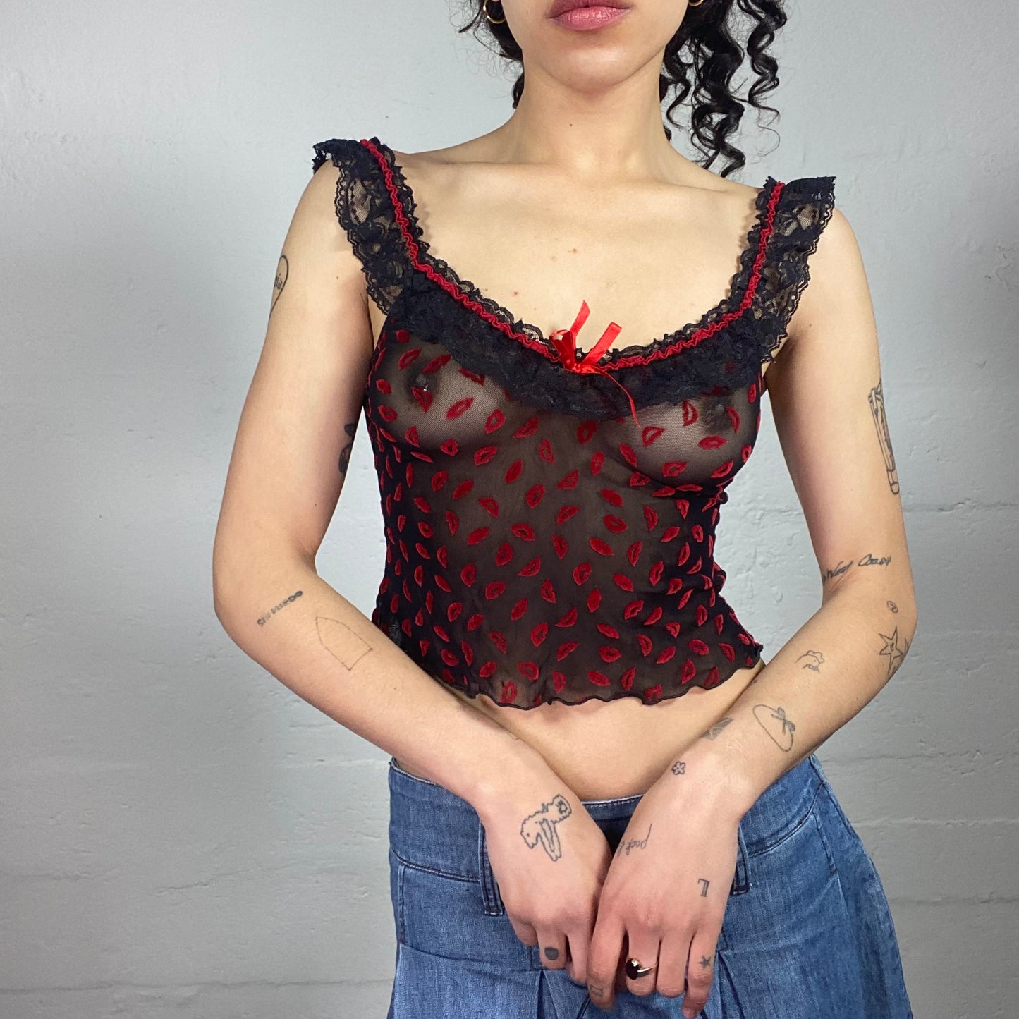 Vintage 2000's Goth Coquette Black Mesh Off Shoulders Top with Red Lips Prints and Ruffles (S)