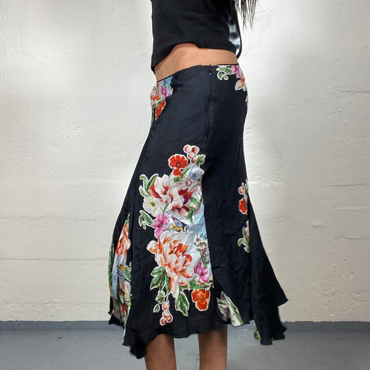 Vintage 2000's Romantic Summer Black Silky Midi Skirt with Floral Print (S)