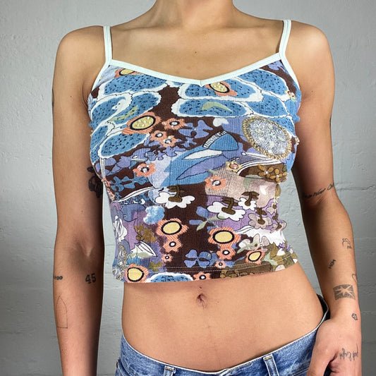 Vintage 2000's Downtown Girl Blue Toned Cartoon Abstract Print Cropped Cami Top with White Trim (M)