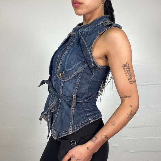 Vintage 2000's Downtown Girl Dark Blue Denim Zip Up Vest with Waist Binding and Layering Details (M)