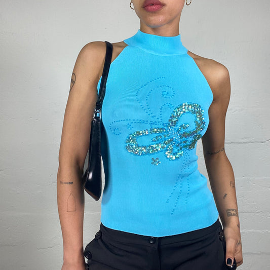 Vintage 2000's Summer Aquamarine Turtleneck Sleeveless Jersey Top with Sequin Butterfly Embroidery (S)