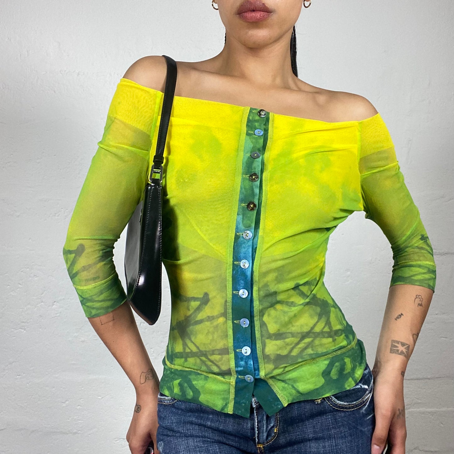 Vintage 2000's Fairy Girl Neon Yellow and Green Fade 3/4 Sleeve Mesh Draped Button Up Top (S)